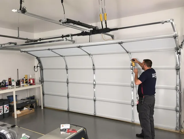 Brookfield Garage Door Repair certified technician performing overhead door system repair in Brookfield